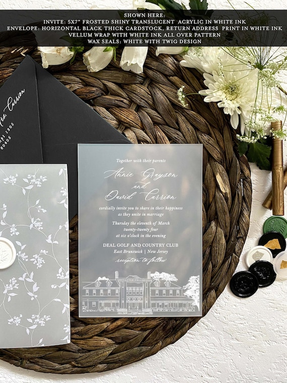 Frosted Acrylic Invitations Wedding Translucent Plexiglass Shiny Black  White Gold Luxury Modern Calligraphy Floral Invite Lucite SAMPLE KIT 