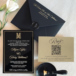 Zwarte acrylborden Zwart goud bruiloft acryl bruiloft uitnodiging bruiloft kalligrafie bruiloft trending uitnodiging suite sjabloon bruiloft accessoires