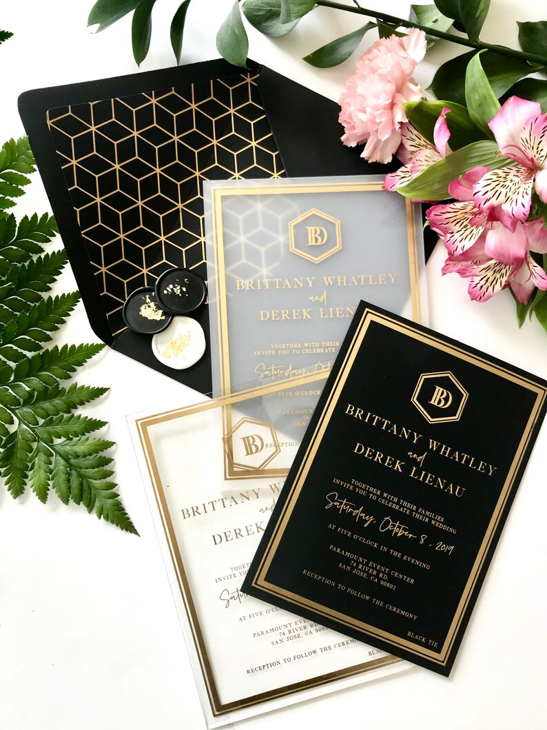 BLACK Acrylic WEDDING INVITATION gold black luxury modern