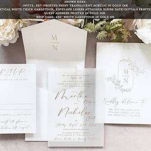 Acrylique givré, invitation de mariage beaux-arts, or blanc, invitation de mariage classique calligraphie en plexiglas avec manche en vélin toile, suite poussiéreuse d'or