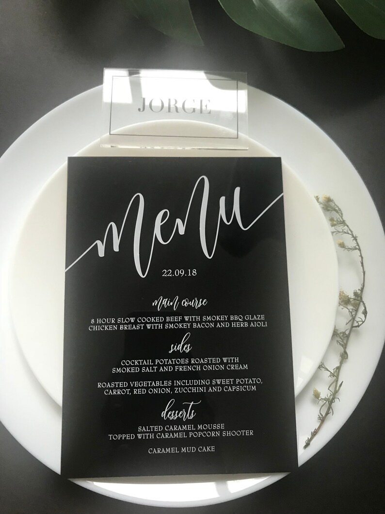 Clear Acrylic Menu Wedding Black White Gold Transparent Etsy