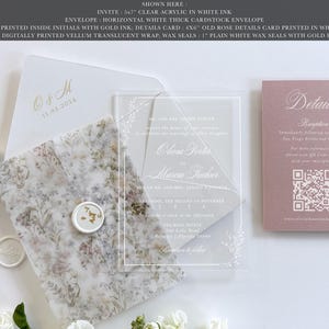 Invitación de boda francesa, invitación de boda acrílica con flores silvestres, invitación de boda con envoltorio de vitela y tarjeta RSVP, conjuntos de invitaciones con código QR