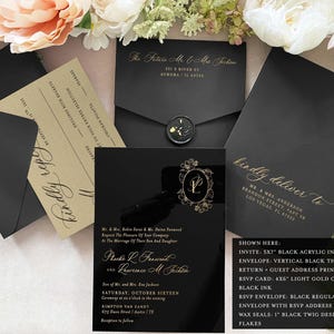 Mariage de luxe, noir, faire-part de mariage, faire-part de mariage de luxe avec carte d'informations, RSVP et jeu de codes QR, faire-part en toile, veste en vélin imprimé