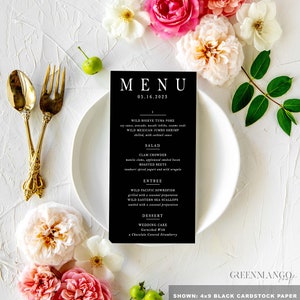 Menu imprimé papier cartonné blanc et noir Menu du dîner de mariage Menu vélin Carte de visite pour invités Cadre des tables de réception Fête de mariage minimaliste