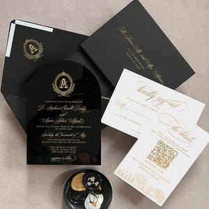 Faire-part de mariage de luxe classique, mariage vintage, faire-part de mariage arqué, suite d'invitations en acrylique avec papier vélin et jeu de cartes Rsvp à code QR