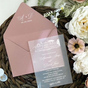 Rose vieux rose acrylique givré or blanc réception de mariage de luxe Invitation de mariage en français avec pochette en vélin acrylique d'invitation