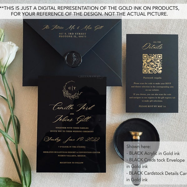 Black Acrylic Modern wedding invitation luxury modern calligraphy invite Clear plexiglass QR Code Black tie Minimal gold lucite SAMPLE KIT