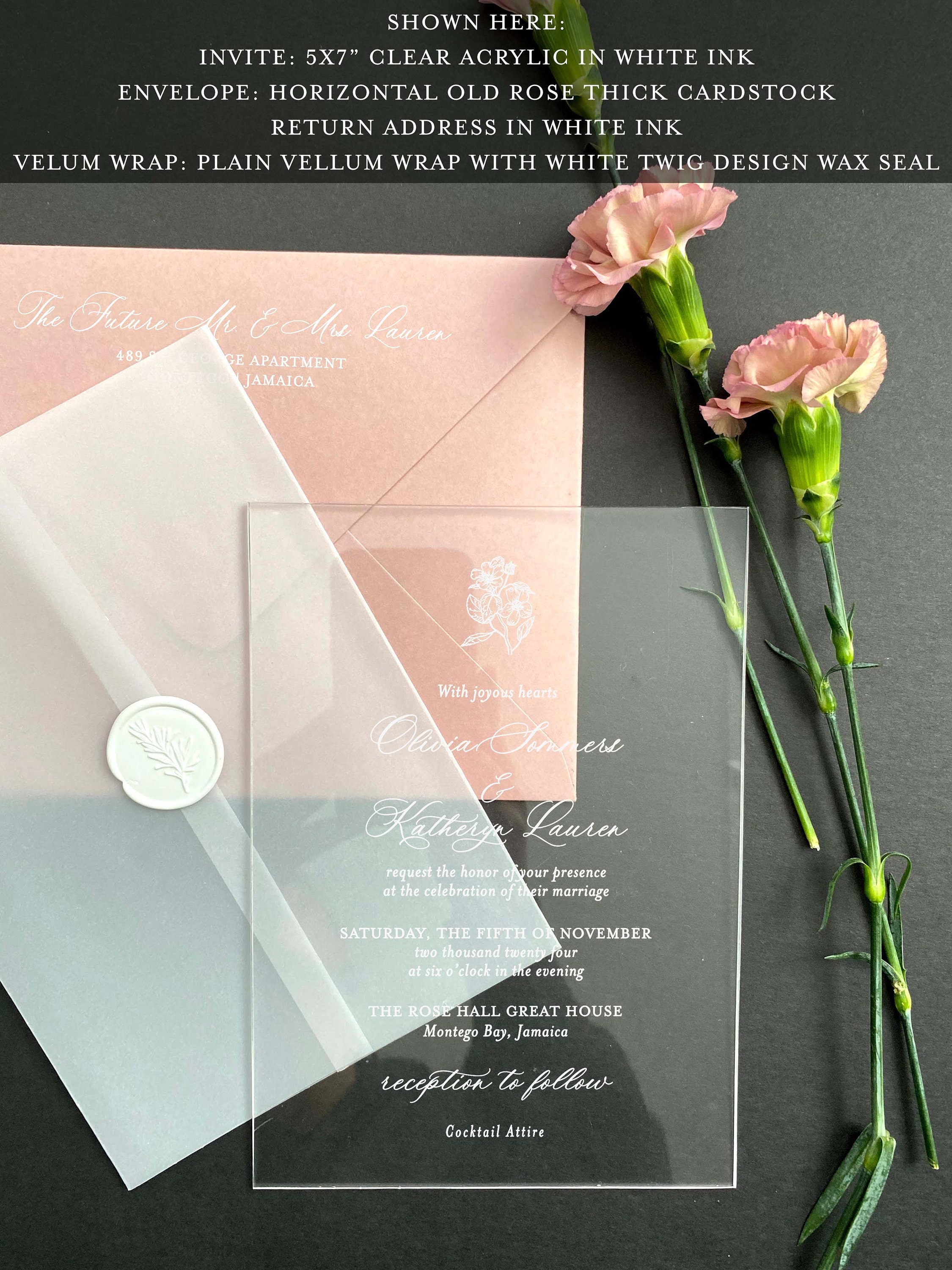 Frosted Acrylic Invitations Wedding Translucent Plexiglass Shiny Black  White Gold Luxury Modern Calligraphy Floral Invite Lucite SAMPLE KIT 