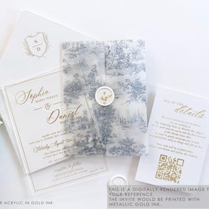 Blauwe uitnodigingen Franse bruiloftsuitnodiging met toile perkament jassen Blauwe en witte bloemen bruiloftsuitnodigingspakken met QR-code RSVP-kaartensets