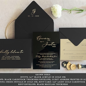 Zwart acryl gouden bruiloftsuitnodiging luxe kalligrafie uitnodiging plexiglas aangepaste zwarte stropdas formele klassieke bruiloft met monster