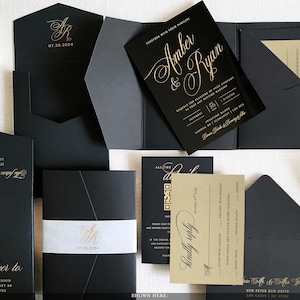 Schwarz und Gold Hochzeitseinladungen Block Hochzeitseinladung Schwarze Hochzeitseinladung mit QR-Code Antwortkarte Details Pergaminfolie und Wachssiegel-Set