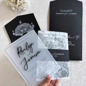 Gefrostet Acryl einladen und QR-Code Rsvp Acryl Namen Hochzeit Toile Perlmutt Einladungen Luxus Hochzeit Elegante Hochzeitseinladungen Schwarz Gold