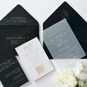 Gefrostet Acryl einladen und QR-Code Rsvp Acryl Namen Hochzeit Toile Perlmutt Einladungen Luxus Hochzeit Elegante Hochzeitseinladungen Schwarz Gold