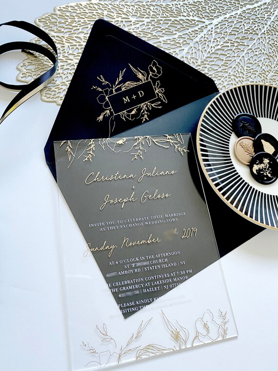 BLUGUL 10pcs Wedding Invitations with 2 Blank Card Black Hollow Floral Design Invites