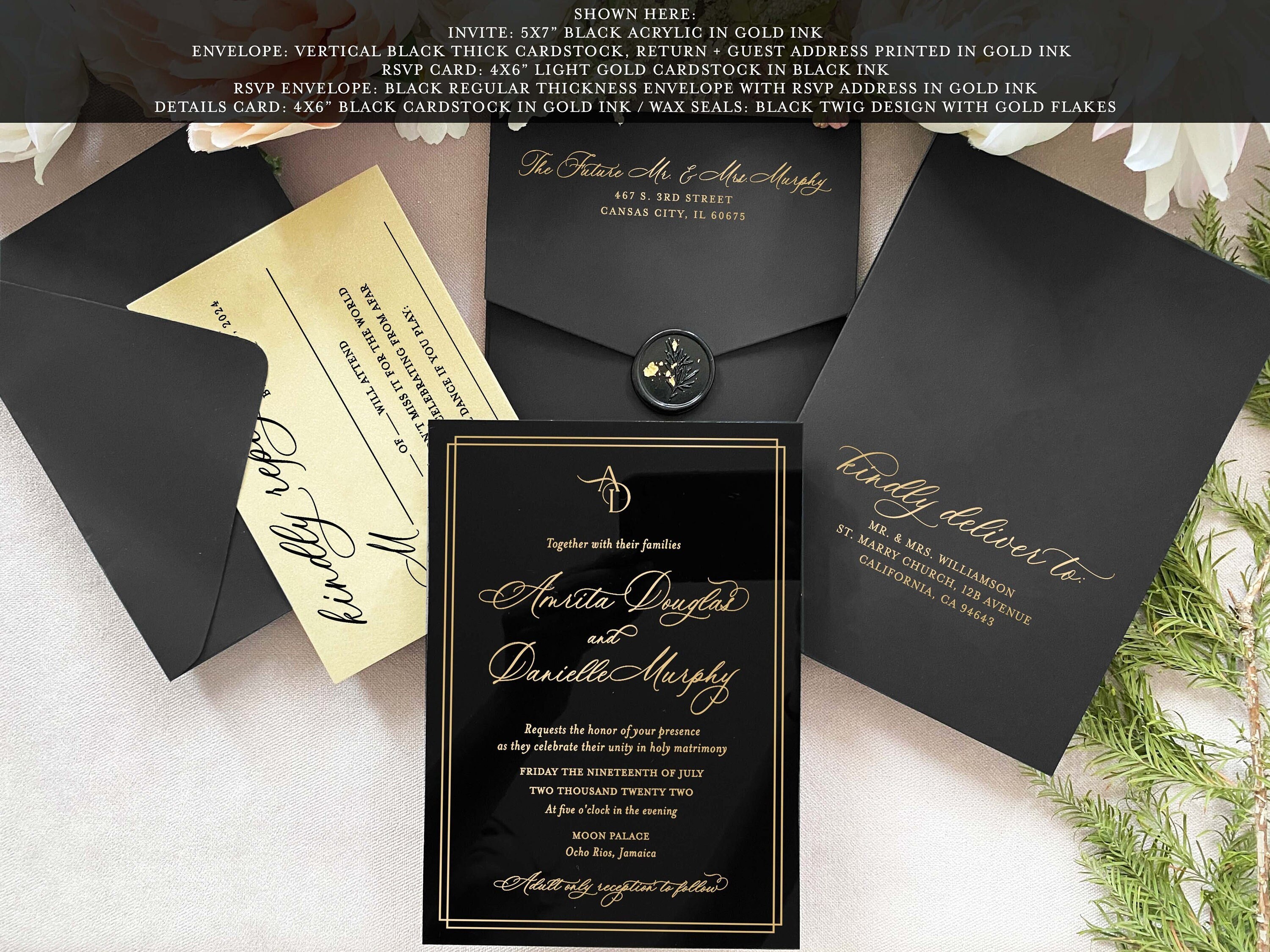 FROSTED Lucite Acryl-Hochzeitseinladungen, Kalligrafiefolie, Golddruck