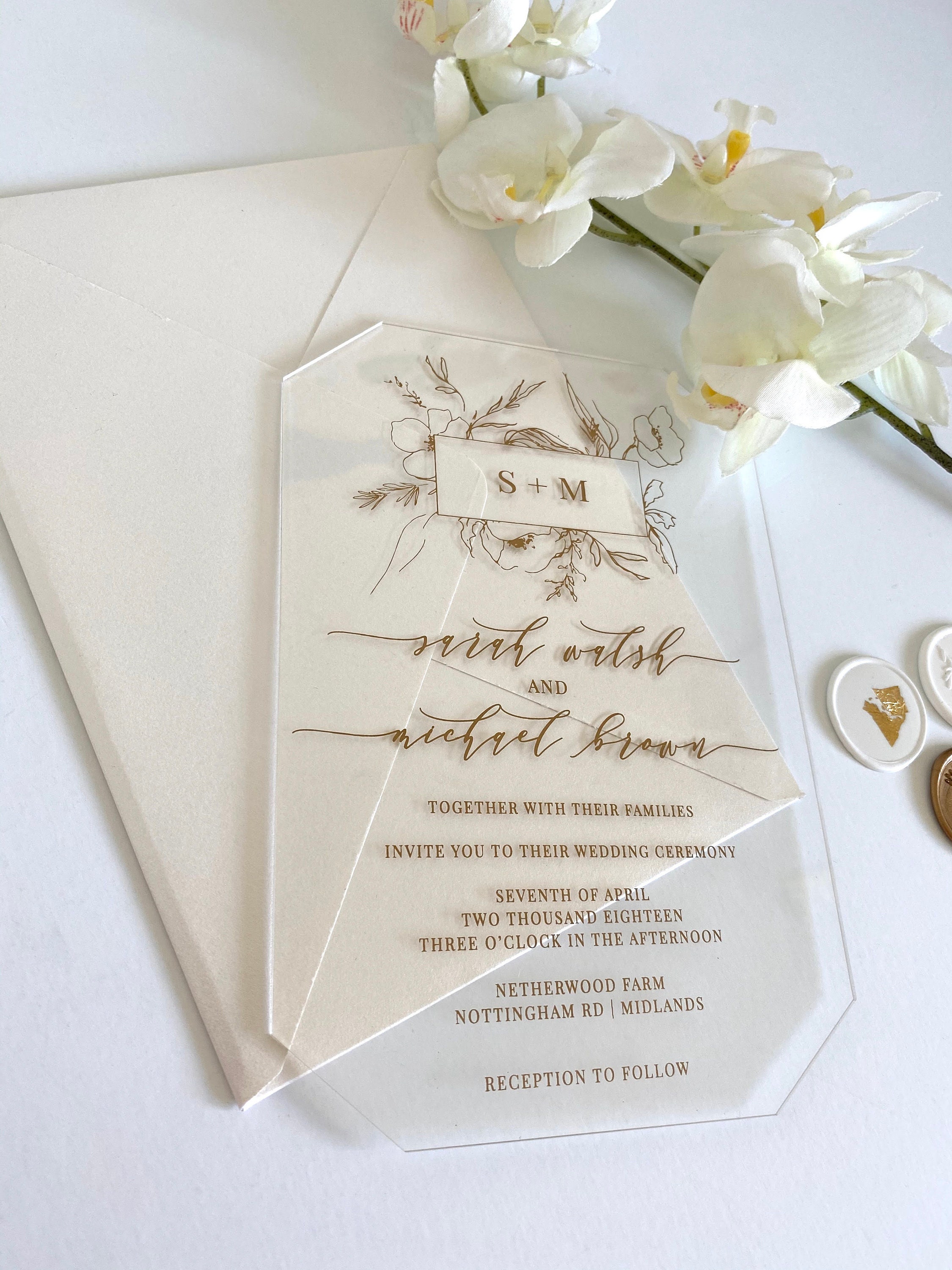 Frosted Acrylic Invitations Wedding Translucent Plexiglass Shiny Black  White Gold Luxury Modern Calligraphy Floral Invite Lucite SAMPLE KIT 