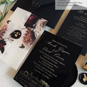Zwarte acryl trouwkaarten acryl uitnodigingen perkament jas Toile de jouy uitnodiging transparante uitnodiging acryl bewaardatum elegante bruiloft