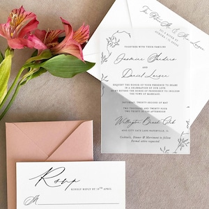 Gefrostete Acryleinladung Boho Blumeneinladungen Toile Perlmutt Hochzeitseinladung Moderne Einladungen Minimal Invite mit Rsvp QR Karte Wachs Siegel
