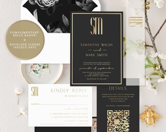 Modern Printed Wedding Invitation Moody Floral Cardstock White Black Gold Ink Elegant Invite Vellum Wrap Belly Band Envelope Address Liner