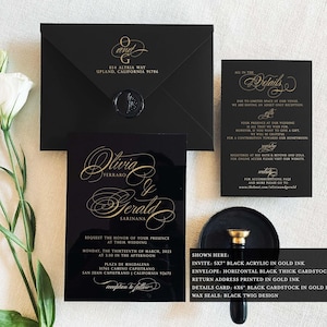 Mariage de luxe, noir, faire-part de mariage, faire-part de mariage de luxe avec carte d'informations, RSVP et jeu de codes QR, faire-part en toile, veste en vélin imprimé