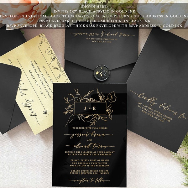 Black Acrylic gold wedding invitation clear perspex modern envelope liner printed calligraphy gold foil envelope invite plexi SAMPLE KIT