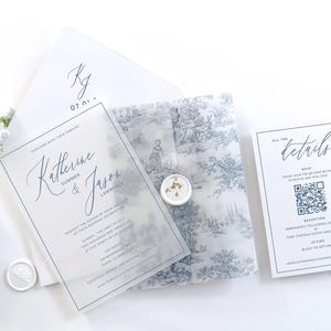 Conjunto de convites azul-aço, convites azul-claro, convites de casamento azul-francês e código QR Rsvp, convites de casamento em acrílico fosco