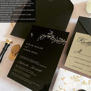 Faire-part en toile, veste en vélin imprimée, mariage de luxe, noir, faire-part de mariage de luxe, faire-part de mariage de luxe avec carte RSVP et jeu de codes QR