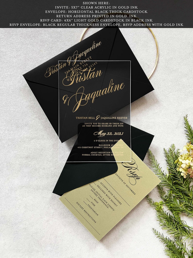 Transparent Acrylic wedding invitation silk ribbon white black calligraphy modern botanical envelope liner classic elegant invite SAMPLE KIT image 1
