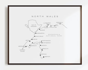 North Wales Map Print, Illustrated Map of Wales, North East, Gogledd Cymru, - Etsy