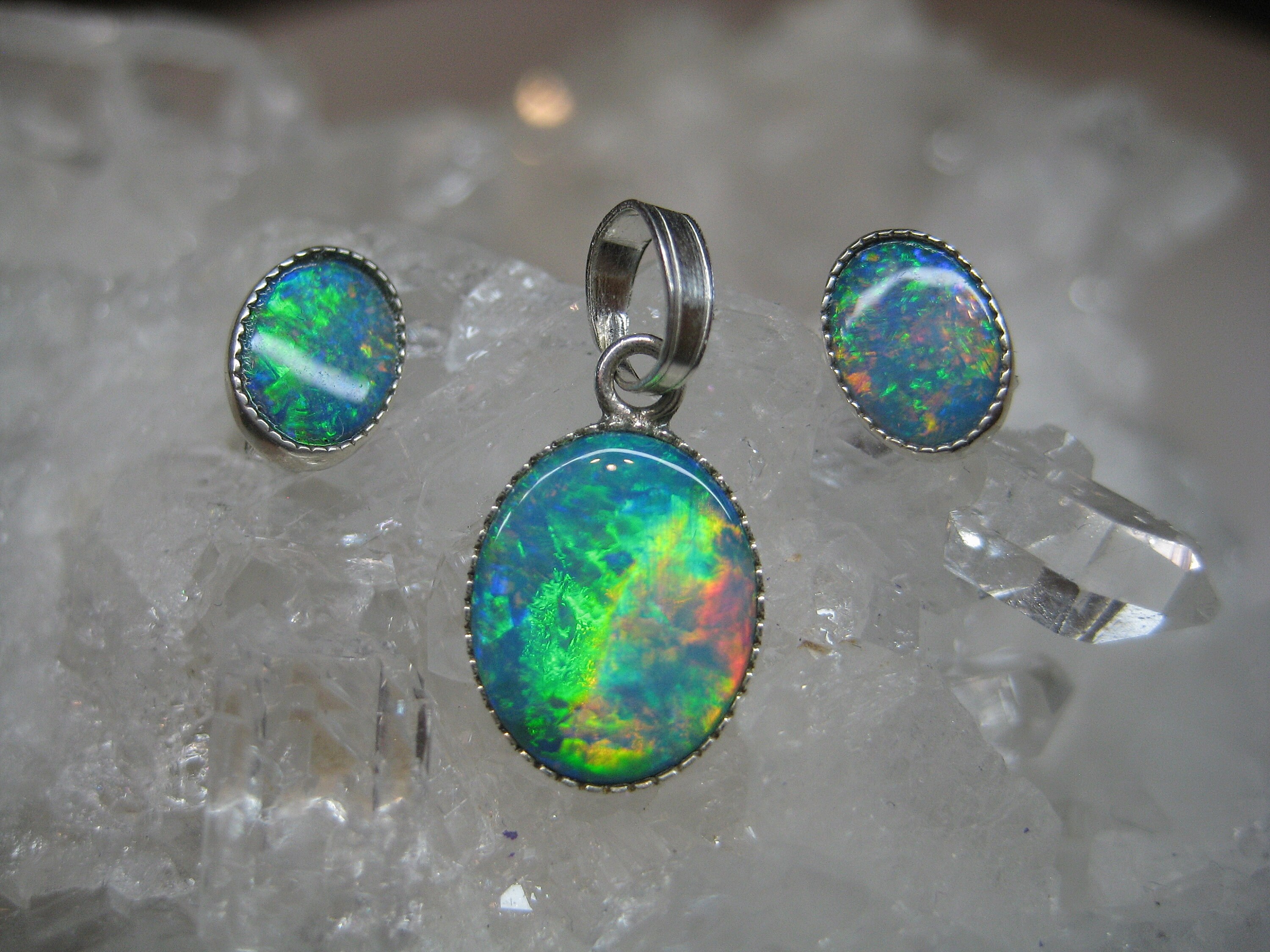 Opal Jewelry Set Silver, Opal Stud Earrings Blue, Opal Earrings, Opal ...