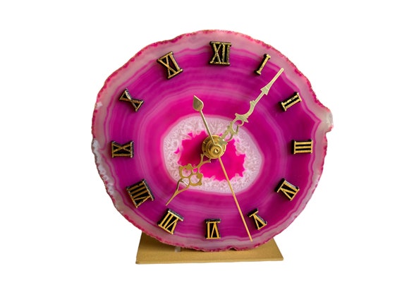 Agate clock pink, round gemstone clock, table clock pink, agate disc pink, boho decoration stone, unique gift, agate mineral clock