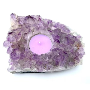 Amethyst tealight holder, amethyst cluster candle holder, crystal tealight holder, natural crystal cluster, spiritual gift, unique