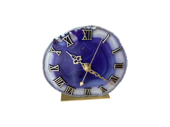 Agate clock purple, round gemstone clock, table clock purple, agate disc purple, boho decoration stone, unique gift, agate mineral clock
