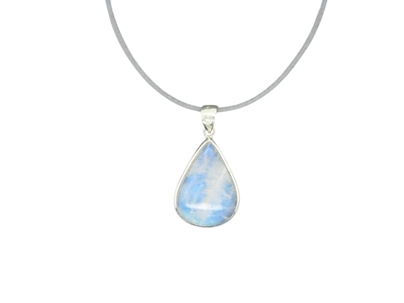 Rainbow moonstone silver pendant, white gemstone necklace, blue gemstone pendant, drop pendant silver, chain pendant light blue
