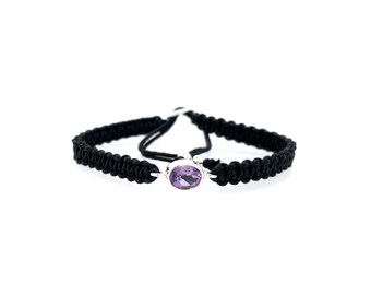 Amethyst macrame, real amethyst bracelet, black bracelet with gemstone, February birthstone, boho bracelet, gemstone bracelet