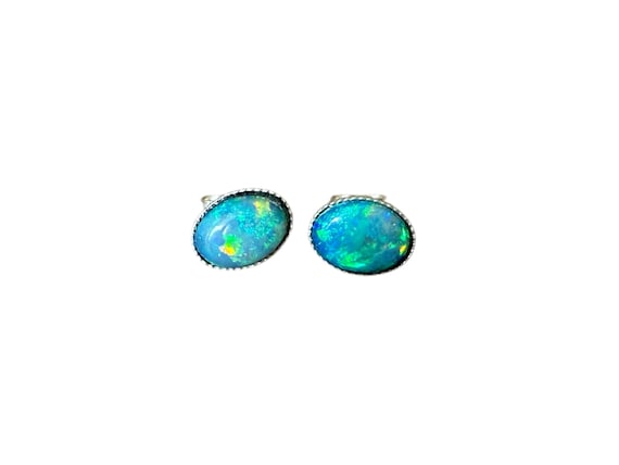 Australian opal stud earrings in blue, genuine gemstone earrings in 925 silver, small crystal opal jewelry, October birthstone gift