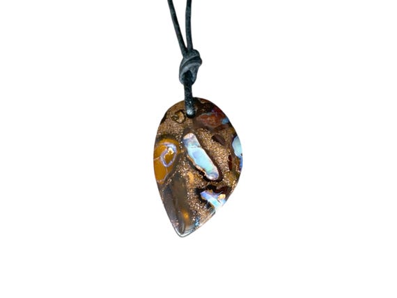 Natural drilled boulder opal pendant, Australian opal drilled, brown opal with leather cord, natural opal jewelry, lucky charm