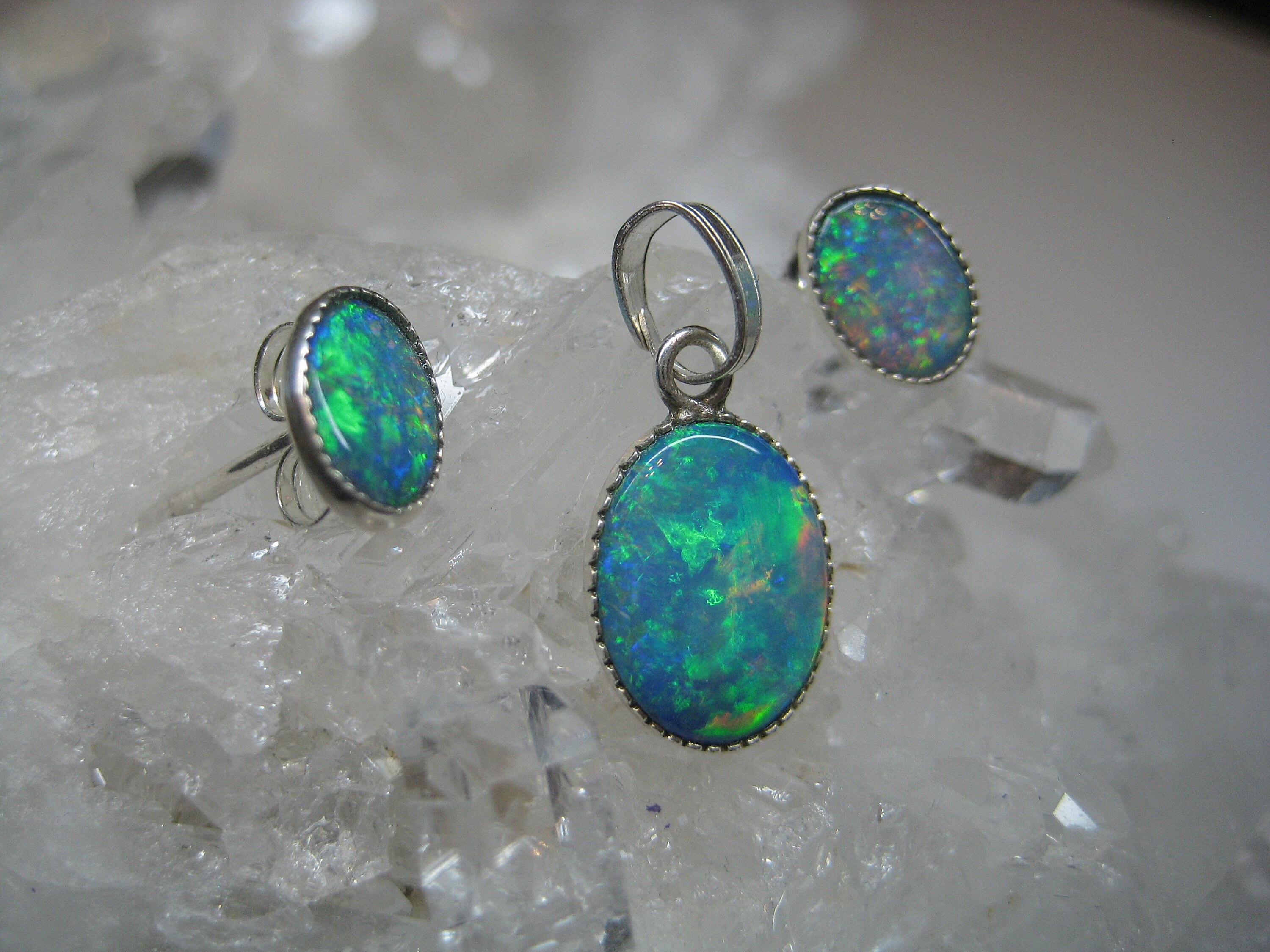 Opal Jewelry Set Silver, Opal Stud Earrings Blue, Opal Earrings, Opal ...