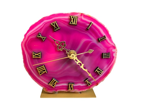 Agate clock pink, round gemstone clock, table clock pink, agate disc pink, boho decoration stone, feng shui minerals, agate mineral clock
