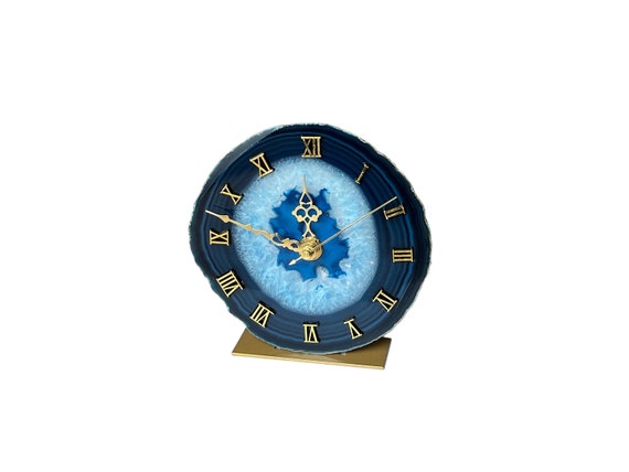 Agate clock, round agate grandfather clock, blue agate grandfather clock, gemstone clock, large agate clock, living room clock, table clock, boho decor, desk clock