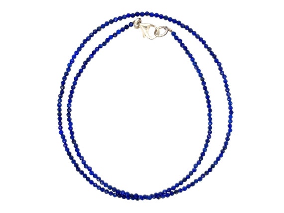 Genuine lapis lazuli necklace 925 silver, dainty pearl necklace, blue gemstone necklace, lapis lazuli jewelry, faceted beads 2 - 2.5 mm necklace