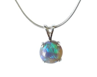 Genuine Australian Opal Pendant, 925 Sterling Silver Opal Jewelry, Unique Gemstone Necklace, Blue Opal Necklace, Round Opal