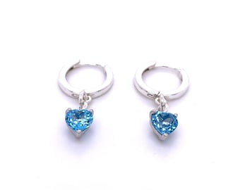 Dainty, blue topaz earrings, 925 silver hoop earrings with heart pendant, gemstone hoop earrings, blue gemstone earrings, blue gemstone jewelry