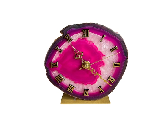 Agate clock pink, round gemstone clock, table clock pink, agate disc pink, boho decoration stone, unique gift, agate mineral clock