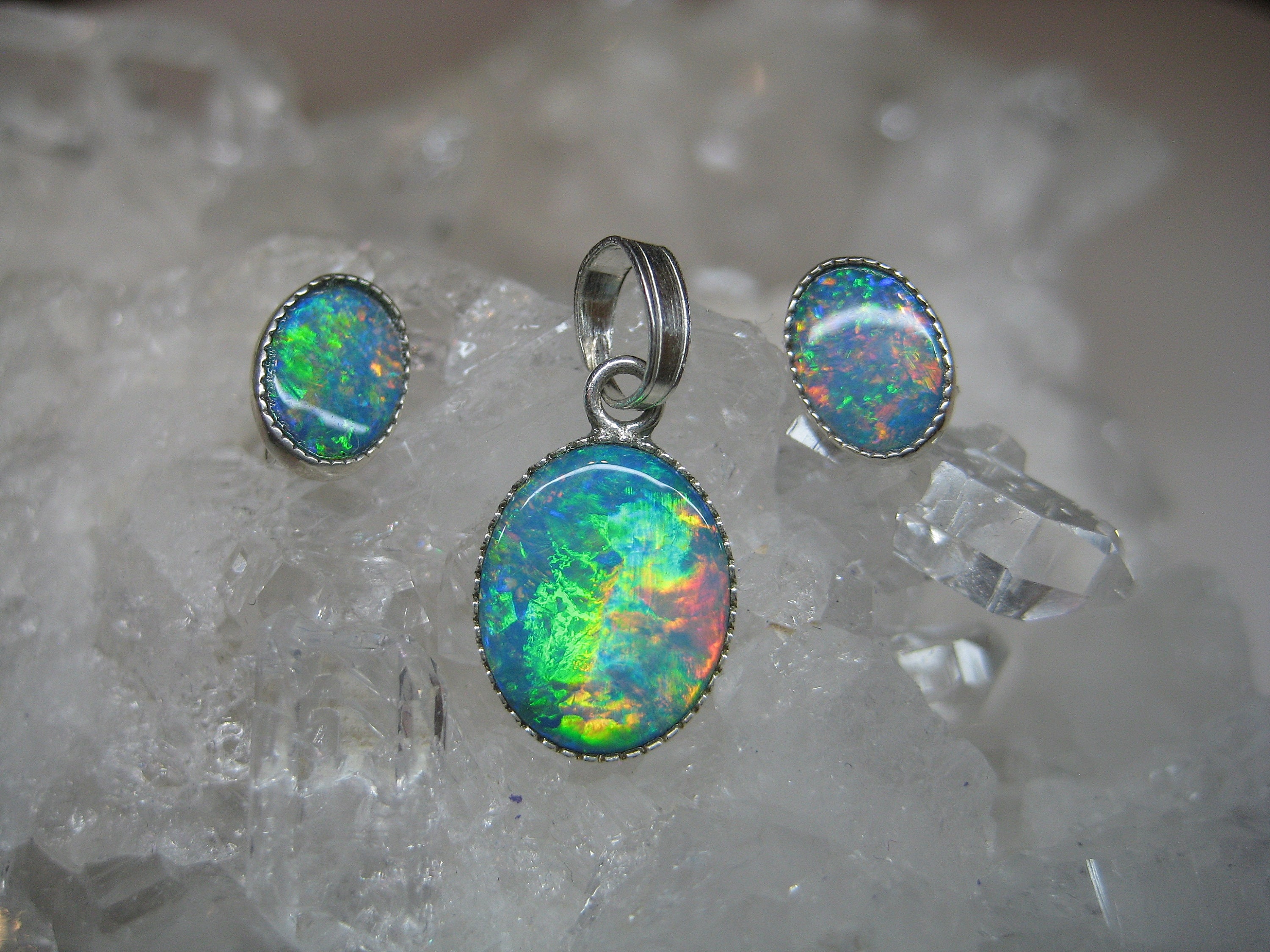 Opal Jewelry Set Silver, Opal Stud Earrings Blue, Opal Earrings, Opal ...