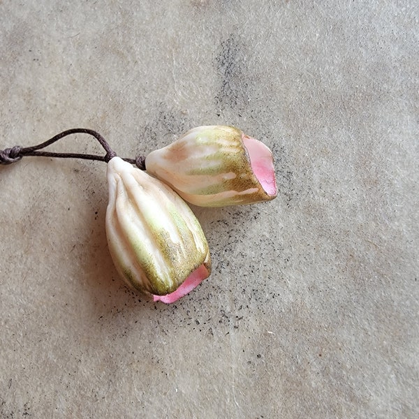 Pair of rustic earthy organic porcelain ceramic bells artisan beads pods charms Lyra by KaouennCeramics