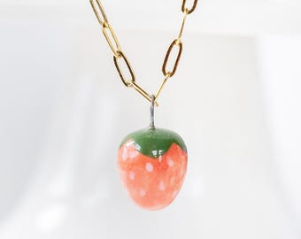 Handmade Cute Ceramic Red Strawberry Charm Mother's Day Necklace | Strawberry Fruit Charm | Summer Strawberry Charm | Fresh Strawberry Charm