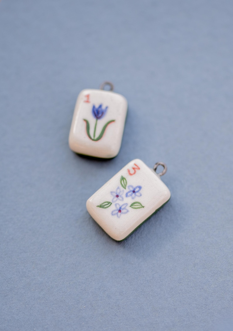 Hand-Painted Ceramic Mahjong Tile Necklace, Floral Charm, Mahjong Lover Gift image 4