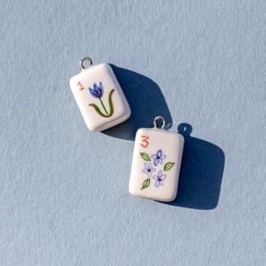 Hand-Painted Ceramic Mahjong Tile Necklace, Floral Charm, Mahjong Lover Gift image 2