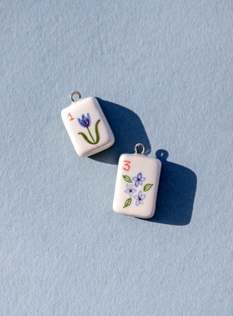 Hand-Painted Ceramic Mahjong Tile Necklace, Floral Charm, Mahjong Lover Gift image 2